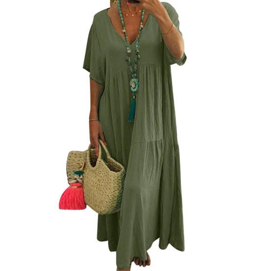 Women Summer Cotton Linen Maxi Dress Loose Short Sleeve V-Neck Flowy Dress Casual Tiered Beach Swing Dress