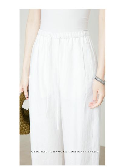 Women's White Straight-Leg Linen Pants, Elastic Waist, Spring/Summer Old Money Style, Extended Length.