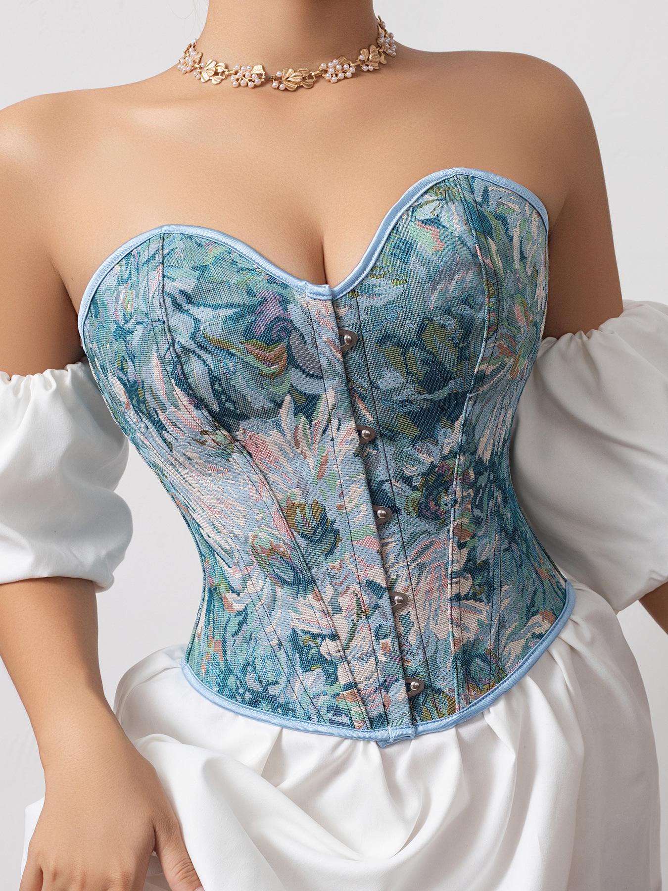 Floral Lace-up Strapless Bustier: European & American Style with Back Tie XS небесно-голубой