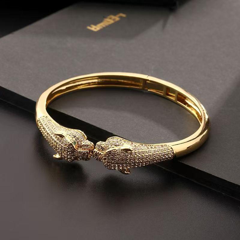 Bracciale Leopardo Placcato Oro 18K con Zirconi Micro-Intarsiati – Stile Hip Hop, Regolabile, Design Leopardo Aperto