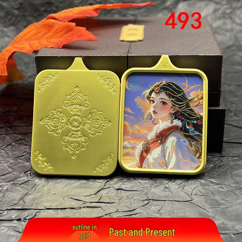 

Тибетский квадратный гау-бокс из титановой стали, золотое ожерелье - амулет Жаки Лхамо Pendant Only