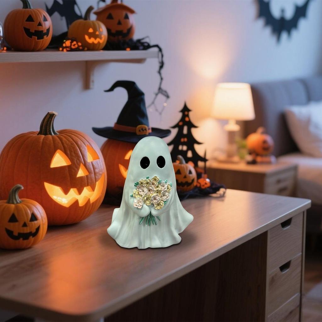 Ghost Figurine Resin Ghost Halloween Decor With Flowers Spooky Decoration Ornament Figure For Tabletop Entryway Bedroom Living