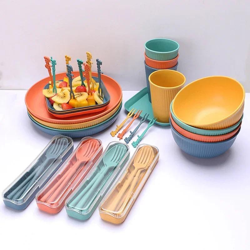 48pcs Plate Sets Eco-Friendly Wheat Straw Ramen Bowl Tableware Dinner Dishes Set Camping Tableware Set With Knife Fork Spoon