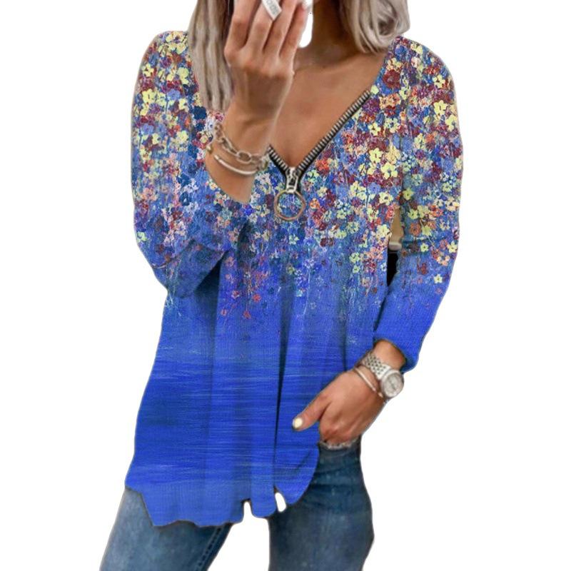 2023 Women's Floral V-neck Zipper Long Sleeve Top