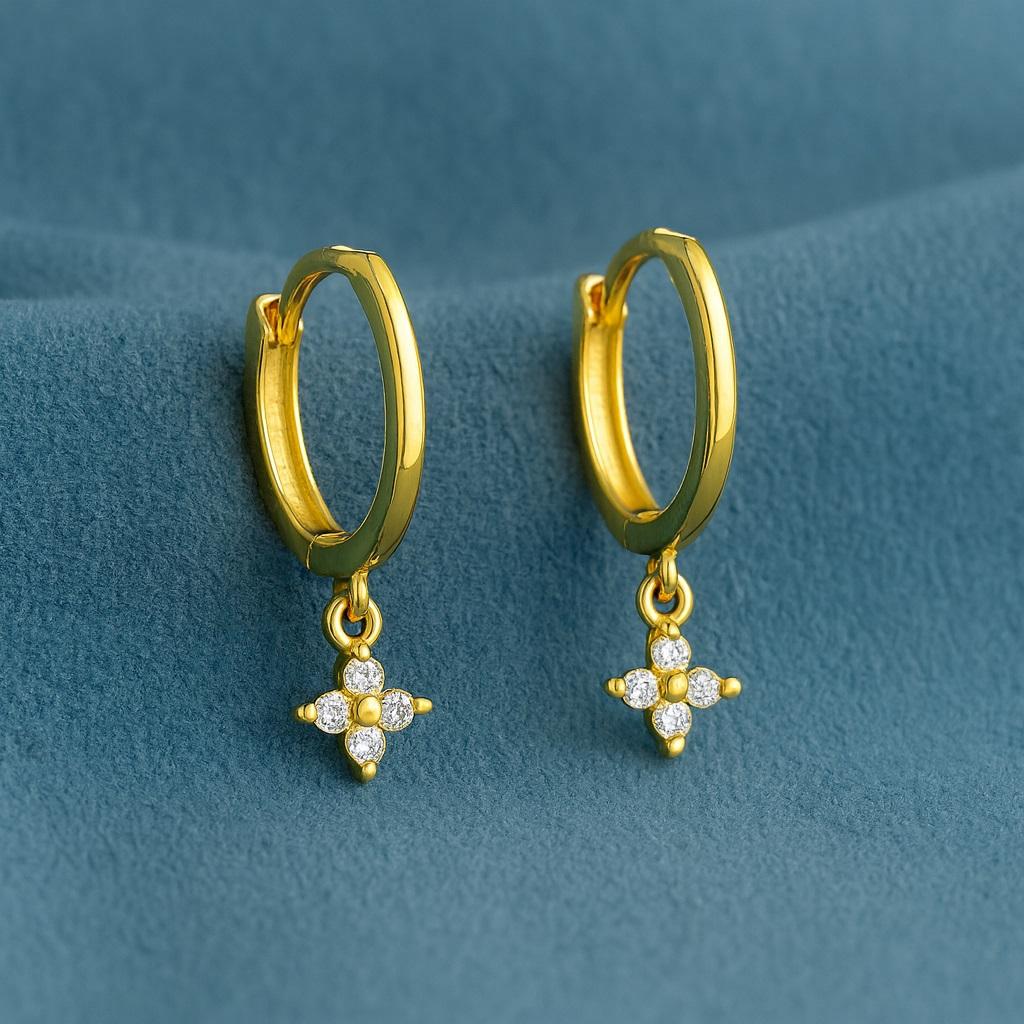 Floral Drop Dangle Huggie Hoop Earrings - Sterling Silver Yellow Plated