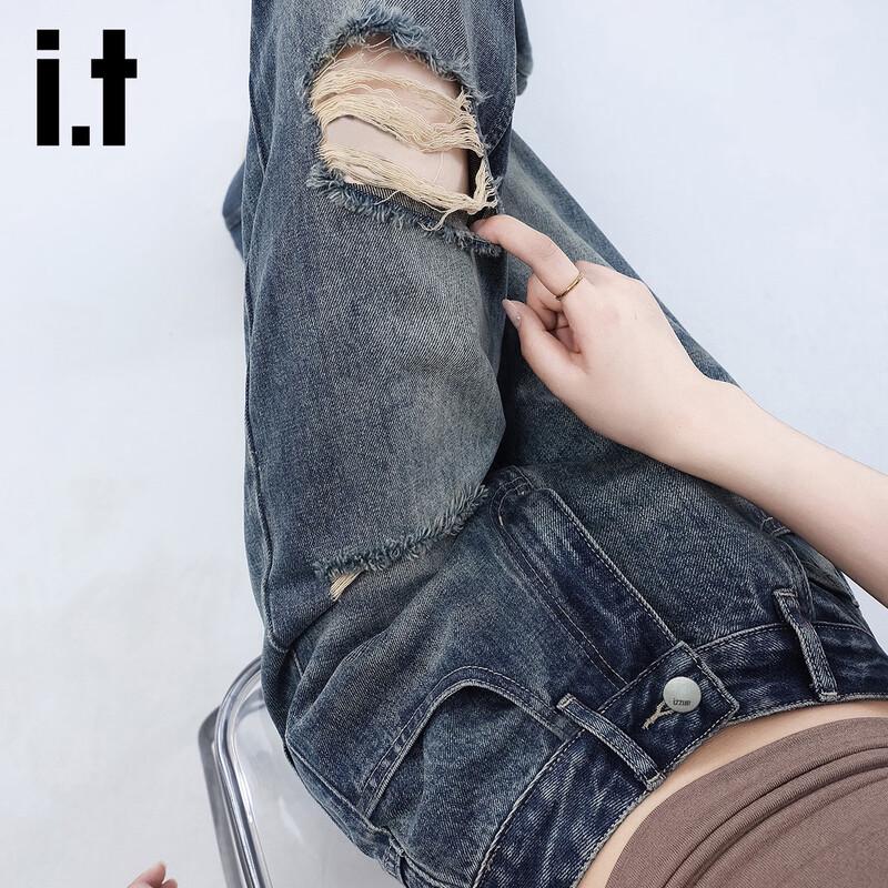 izzue it Женские джинсы с высокой посадкой, широкими штанинами и эффектом потертости XL