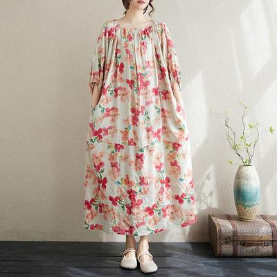 Short Sleeve Plus Size Cotton Vintage Floral New In Dresses for Women Casual Loose Long Summer Dress
