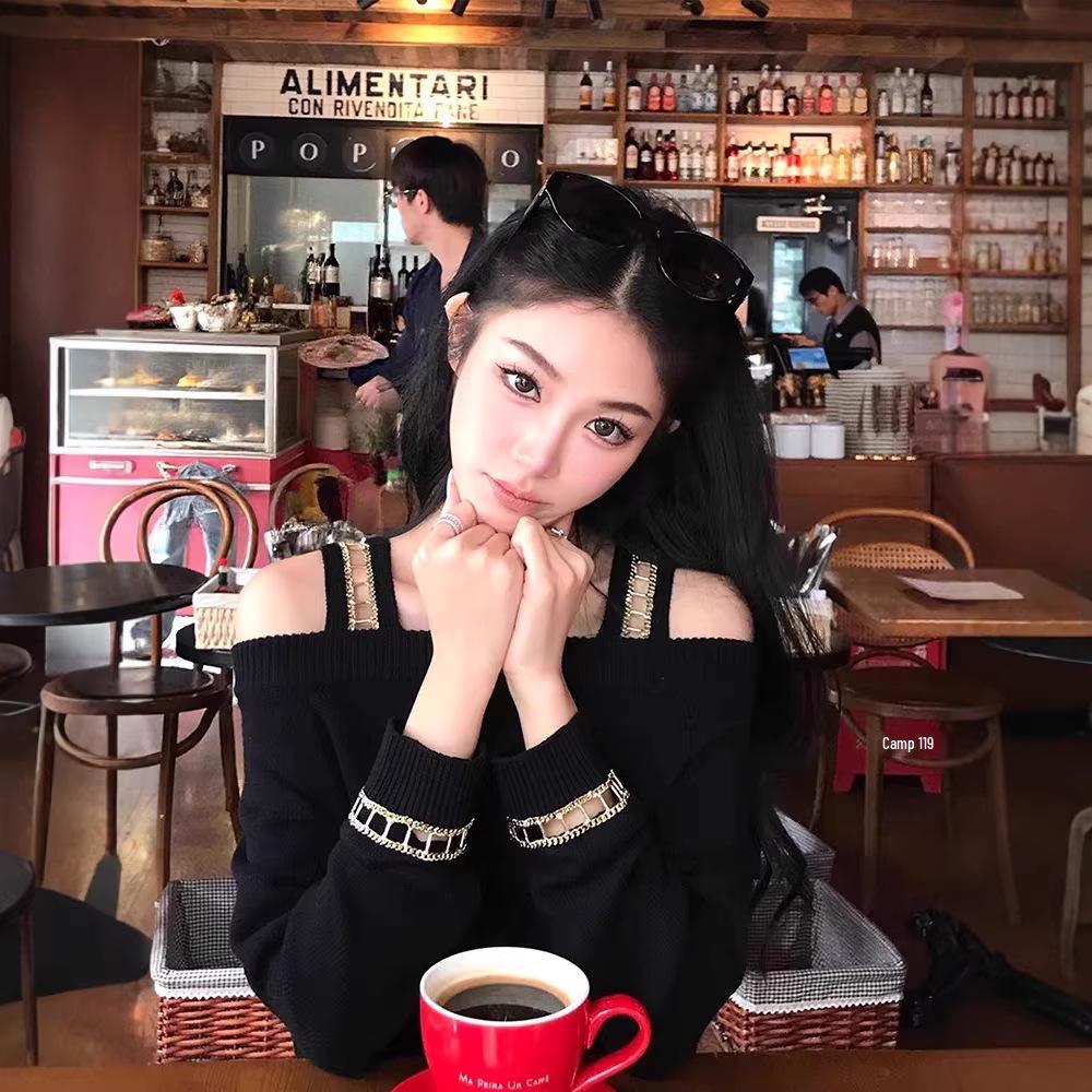 TZ7290 Элегантный корейский топ с одним плечом, ажурной вставкой и пэчворком - Женский осенне-зимний черный дизайн. Extra Large чёрный