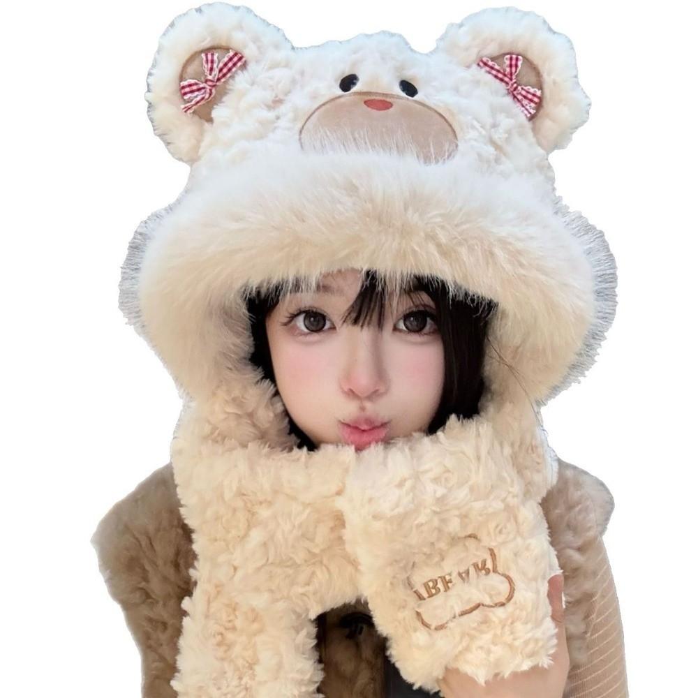 Windproof Gloves Scarf Hat 3-in-1 Winter Plush Scarf NEW Little Bear Hooded Scarf Autumn Winter