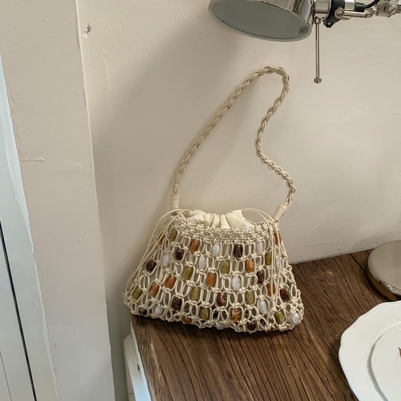 2026 New Summer Boho Handmade Macrame Woven Bag for Women Hollow Out Colorful Beaded Shoulder Bag for Beach Vacation Daily Use