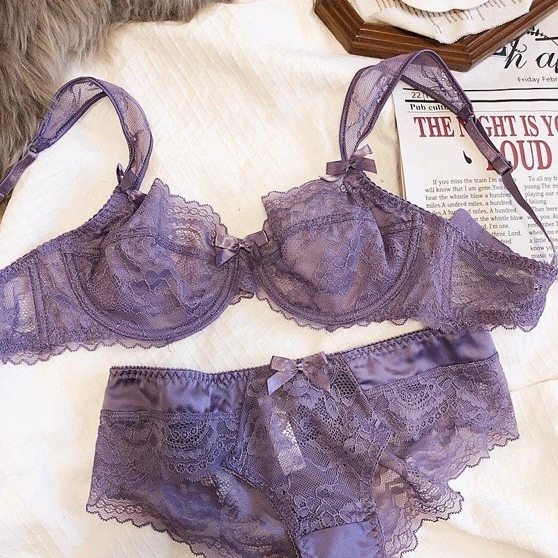 New sexy lace underwear women's big breasts show small and thin upper support anti-sagging breathable bra cover set