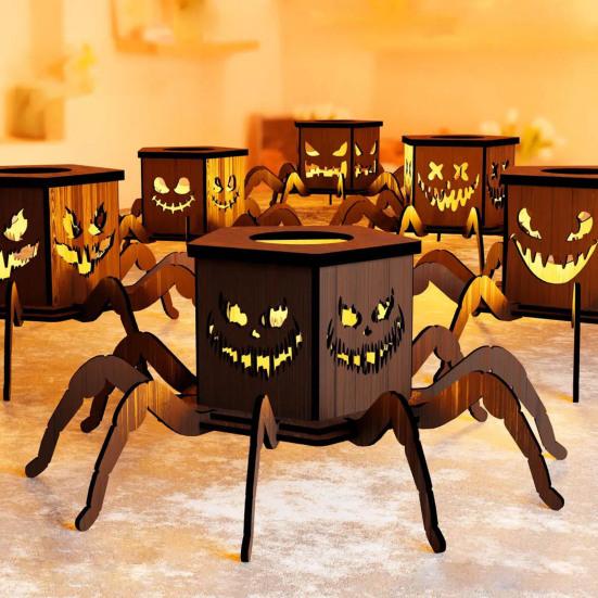 

Halloween Lighted Pumpkin Lantern LED Wooden Spider Pumpkin Lamp with Spooky Face for Halloween Party Home Yard Decor A