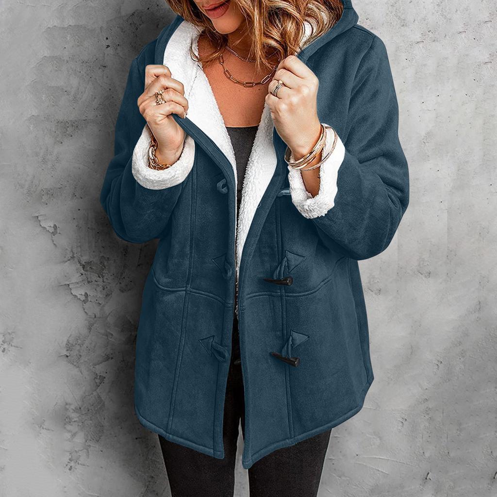 Women's Button Suede Long Windbreaker Coat Warm Long Sleeve Jacket Hooded Coat