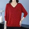 Maglione da donna con scollo a V Primavera Autunno Manica Lunga Ampio Morbido Delicato sulla Pelle Top a Maglia Pullover a Maglia con Strass
