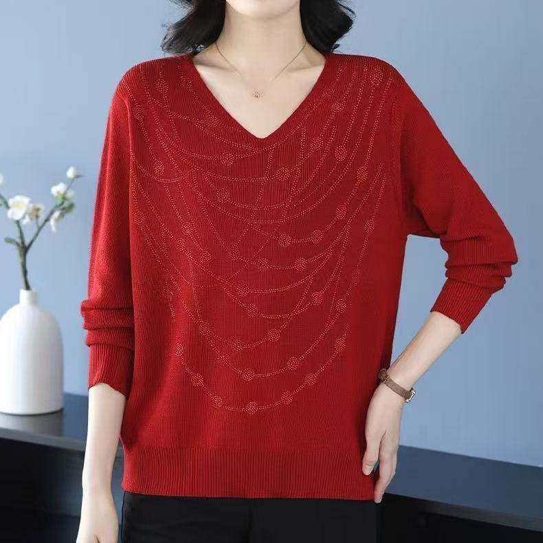 Maglione da donna con scollo a V Primavera Autunno Manica Lunga Ampio Morbido Delicato sulla Pelle Top a Maglia Pullover a Maglia con Strass