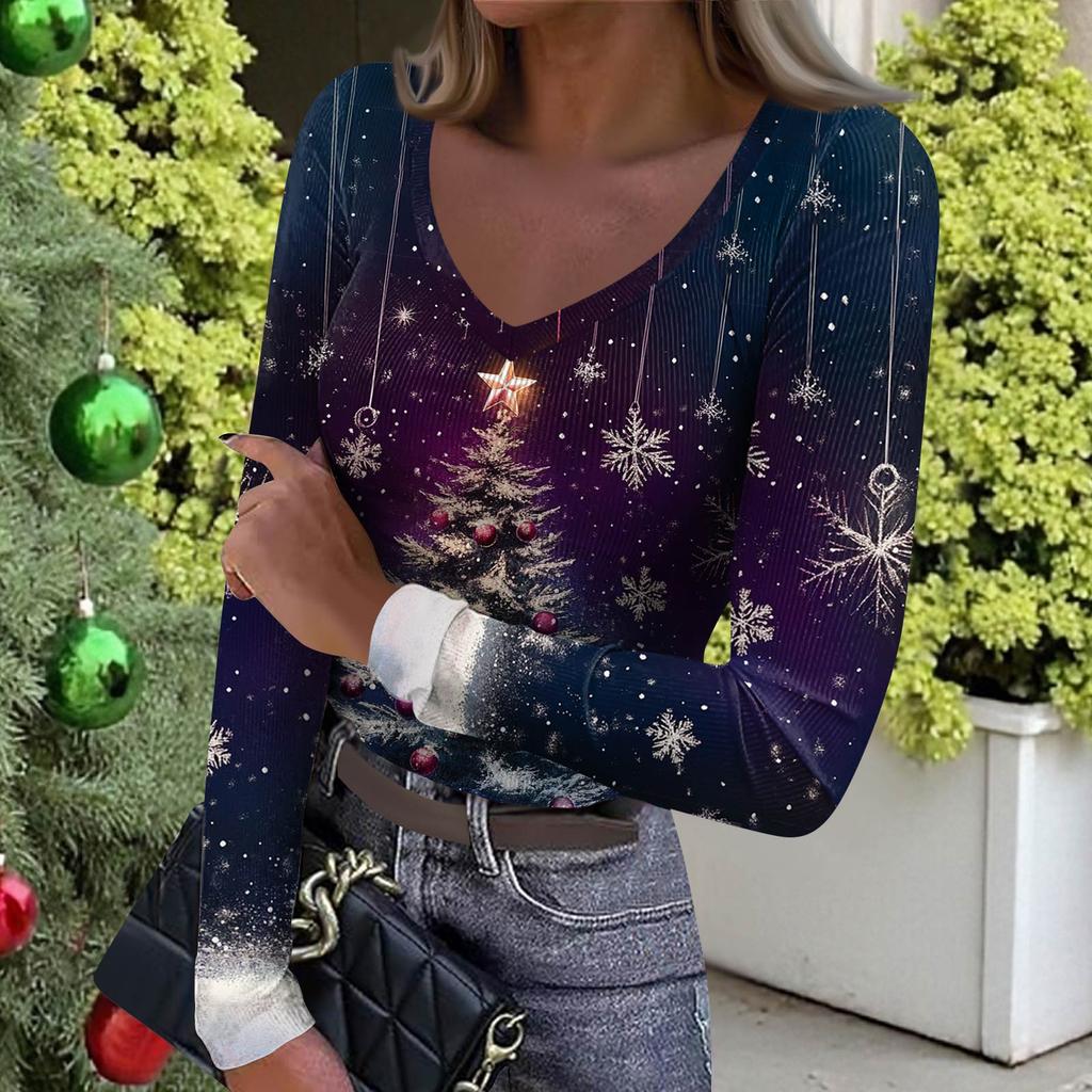 Women's Winter Slim-Fit Base Layer T-Shirt Fashionable Christmas Print V-Neck Pullover Long-Sleeved Top
