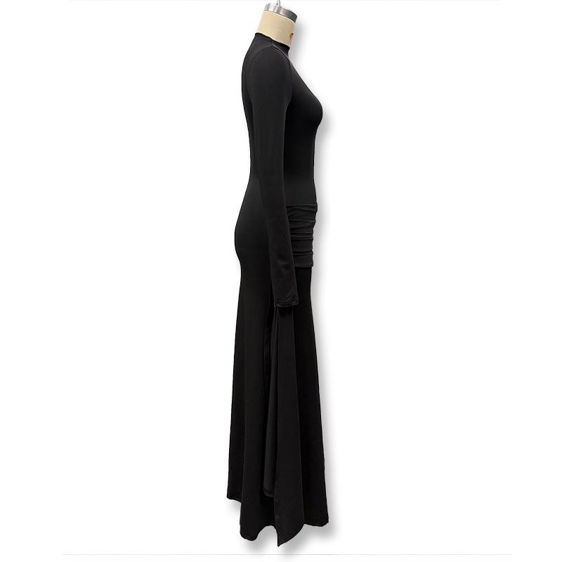 Elegant European Slim Fit Bodycon Dress - Autumn/Winter Collection, Solid Color, Pleated, Flowy, Belted Design