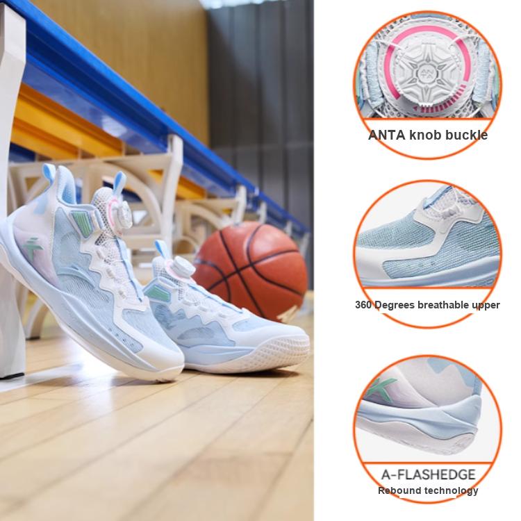 Anta Dziecięce buty do koszykówki KT Wygodne Antypoślizgowe Amortyzujące Odporne na Ścieranie Niskoprofilowe Buty do Koszykówki Dziecięce Buty do Koszykówki Białe Niebieskie Zielone A312421107-2