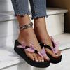 Modische Stylische Schleifen-Deko Flip Flops für Damen Sommer Dicke Sohle Keilabsatz Hausschuhe Frau Urlaub Strand Rutschfeste Sandalen Weiblich