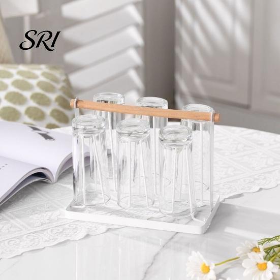 Nordic Style Cup Holder Iron Drying Rack with Wood Handle & Drip Tray Baby Bottle Plastic Dryer Space-Saving Countertop Organizer for Mugs Glasses