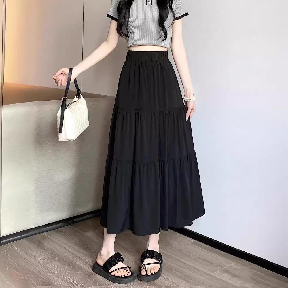 Women's Petite High-Waist A-Line Black Umbrella Midi Skirt - Summer 2024