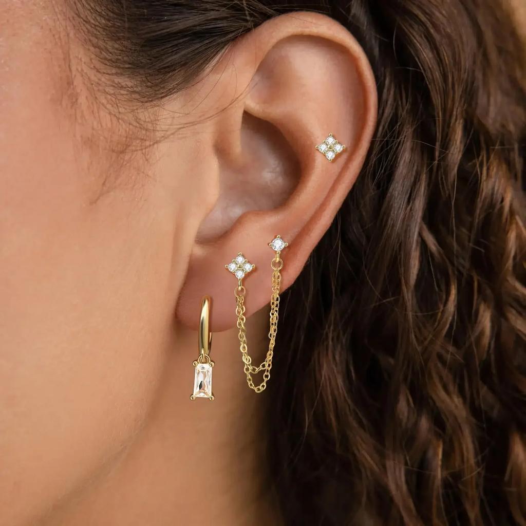 3pcs Set Charm Gold Color Stainless Steel Four-leaf Crystal Stud Earrings for Women Temperament Piercing Chain Jewelry Set Gift