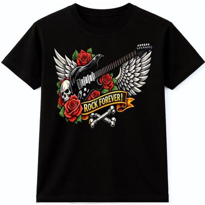 Electric Guitar T Shirt Rock Skull Wings Vintage Rock Music Graphic Tee
