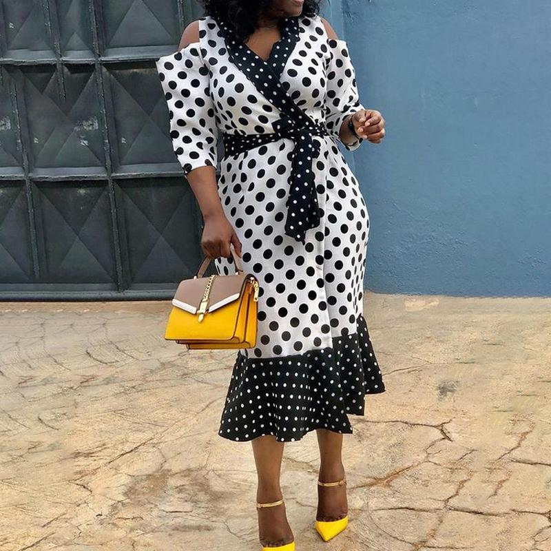 

VONDA Женские платья больших размеров с V-образным вырезом и длинным рукавом с принтом в горошек контрастного цвета L белый