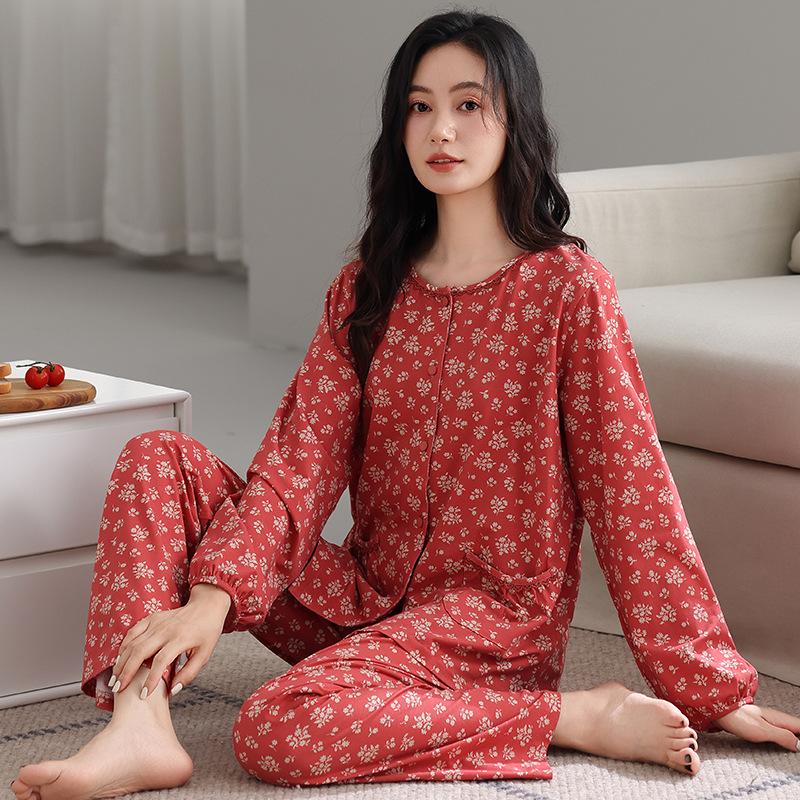 Pajamas Women's Spring and Autumn Cotton Long-sleeved 1011 New Autumn and Winter Middle-aged Mother Casual Large-size Loungewear Set
