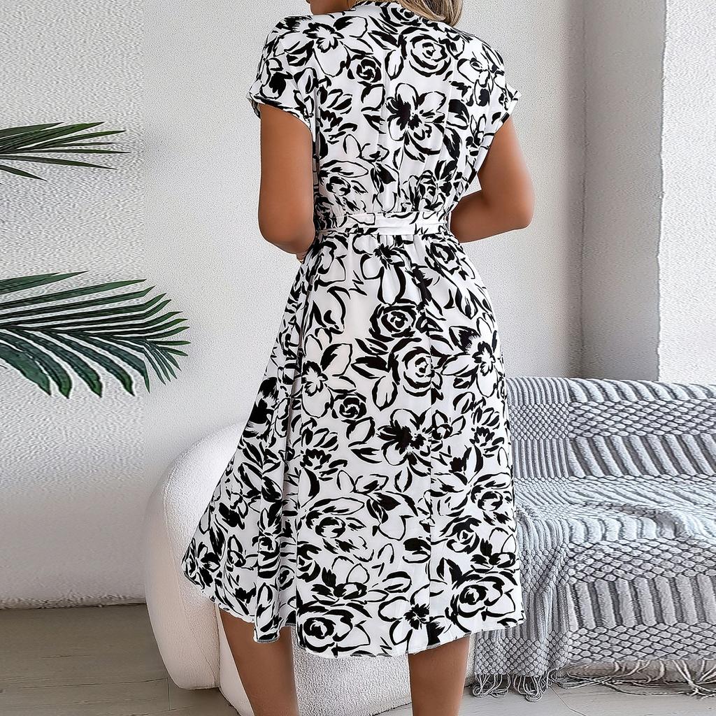 Spring And Summer Casual V-neck Button-down Short-sleeved Flower Swing Dress Cross-border Women's Clothing