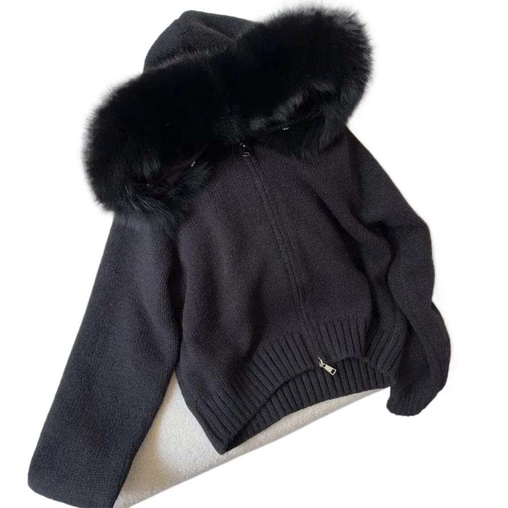 

OFTBUY2024 Новая осенне-зимняя повседневная шуба из натурального меха лисы с капюшоном и однотонным свитером, женская шуба из натурального меха на молнии, теплый топ XXXS чёрный