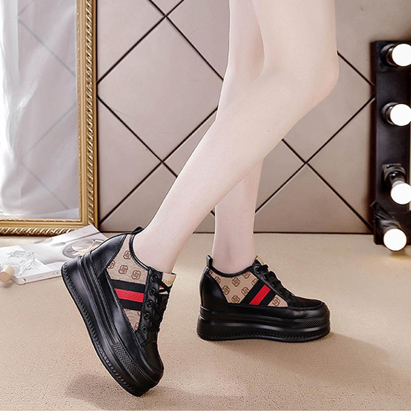 Genuine Leather Shoes Women Sneakers Flat Platform Fashion Brand Ladies Height Increasing Shoes 9cm Black White