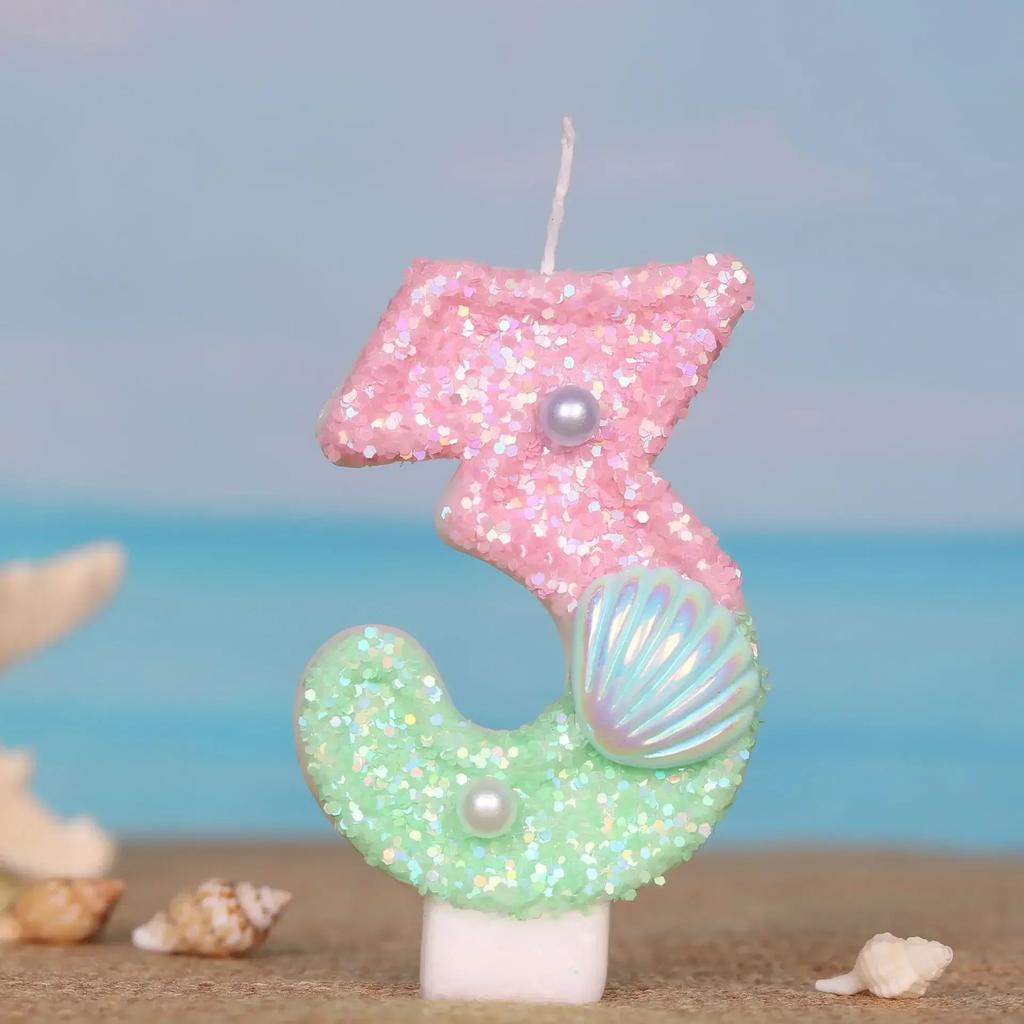 Ocean Mermaid Cake Candles Number 0-9 Number Candle Pink Green Cake Topper Candles Girls Birthday Party Cake Decoration Supplies