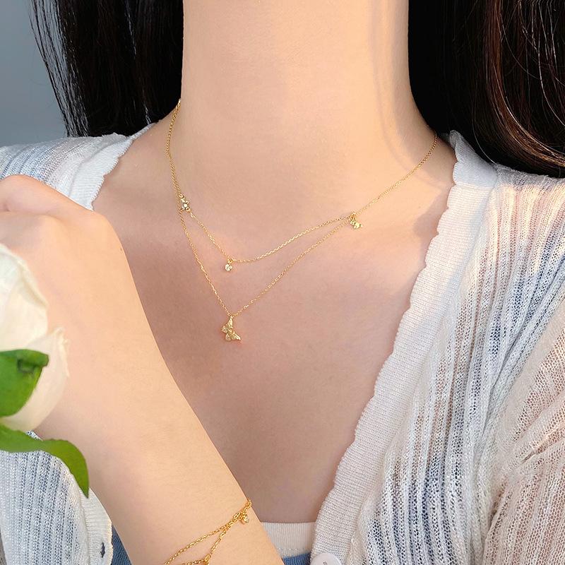 Temperament Butterfly Double Layer Necklace for Women's Inns Light Luxury Small and Simple Summer Collar Chain