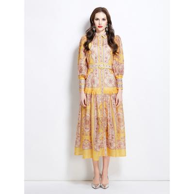 Spring Summer Women Vintage Print Designer Runway Dress Single Breasted Long Maxi Holiday Party Shirt Dresses with Belt