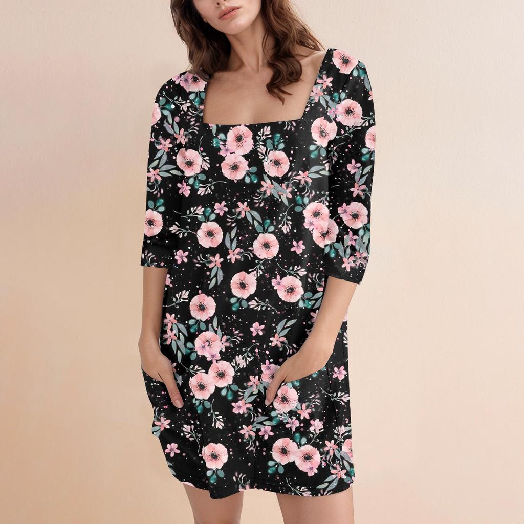 Women's Fashion Casual Print Square Neck 3/4 Sleeve Short Dress
