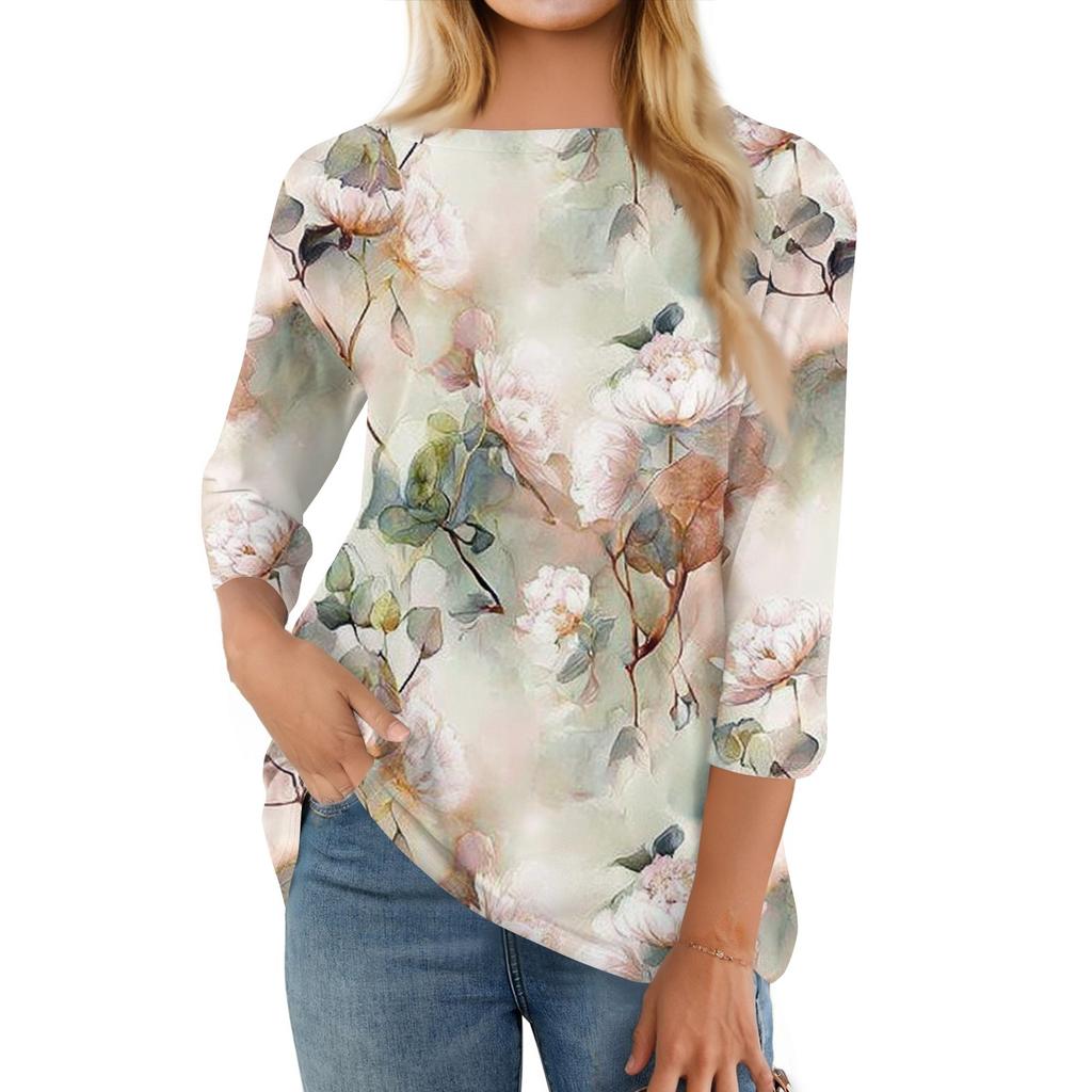 Women's Fashion Casual Round Neck Three Quarter Sleeve Printed T-Shirt Top