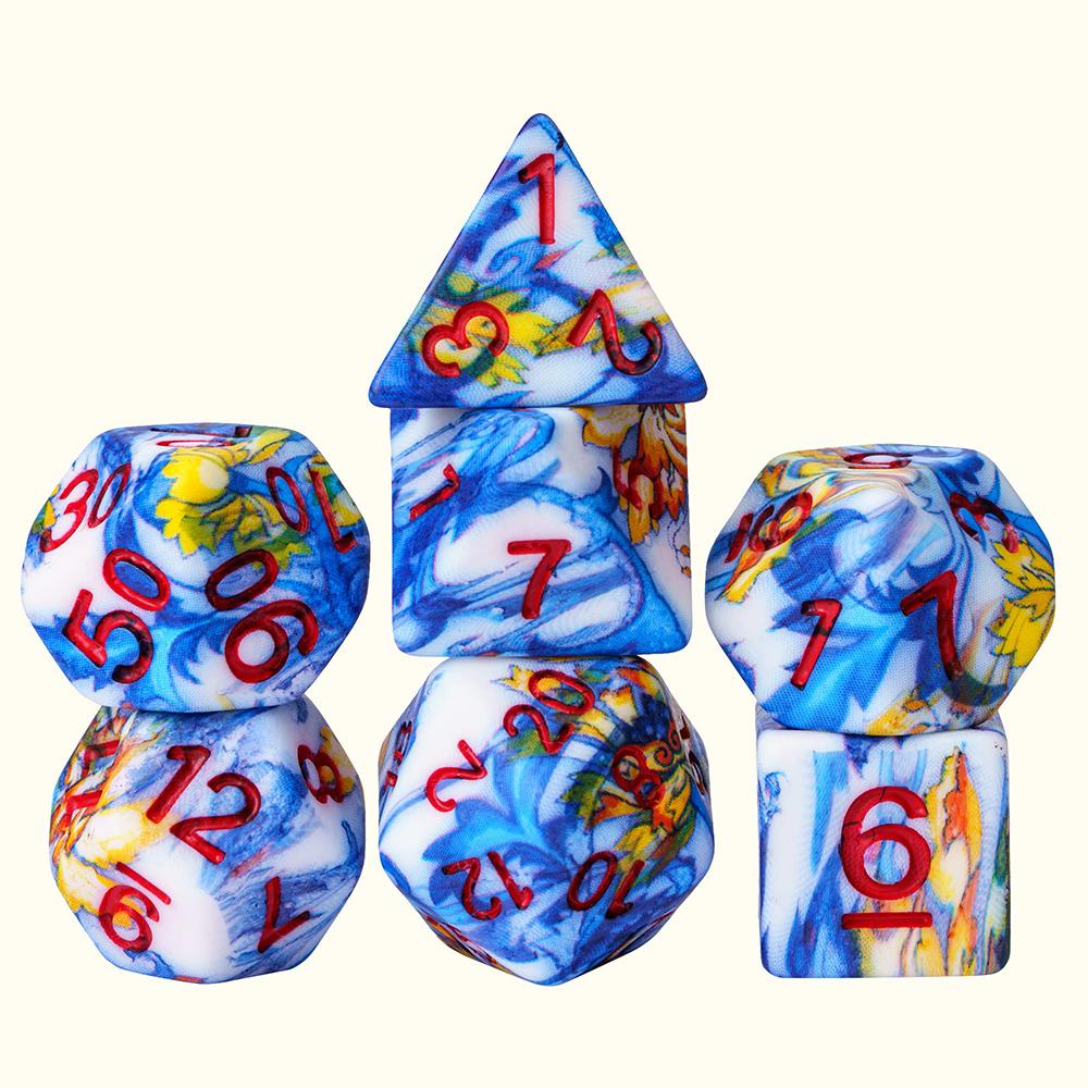 Cusdie Flower Printed DND Dices Multicolored D4-D20 Resin Polyhedral Dice Set for Dungeons and Dragons Role Playing Board Games