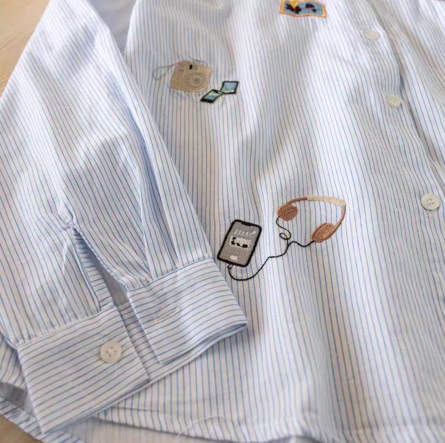 Spring 2026 Slimming Striped Children's Literary Style Women's Embroidered Long Sleeve Shirt