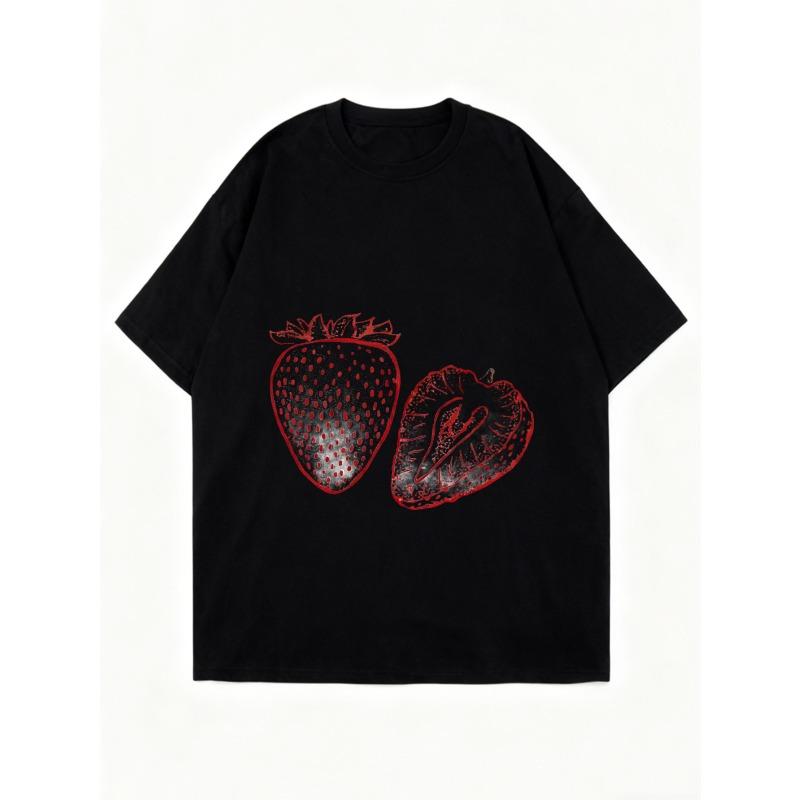 Oversized T Shirt Black Strawberry Print Graphic Tee Women Casual Streetwear Fashion Top Summer Outfit
