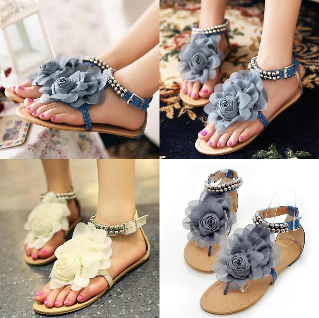 Stylish Bohemia Flower Women Flat Beach Sandals For Comfortable Summer Walks Eu35-42