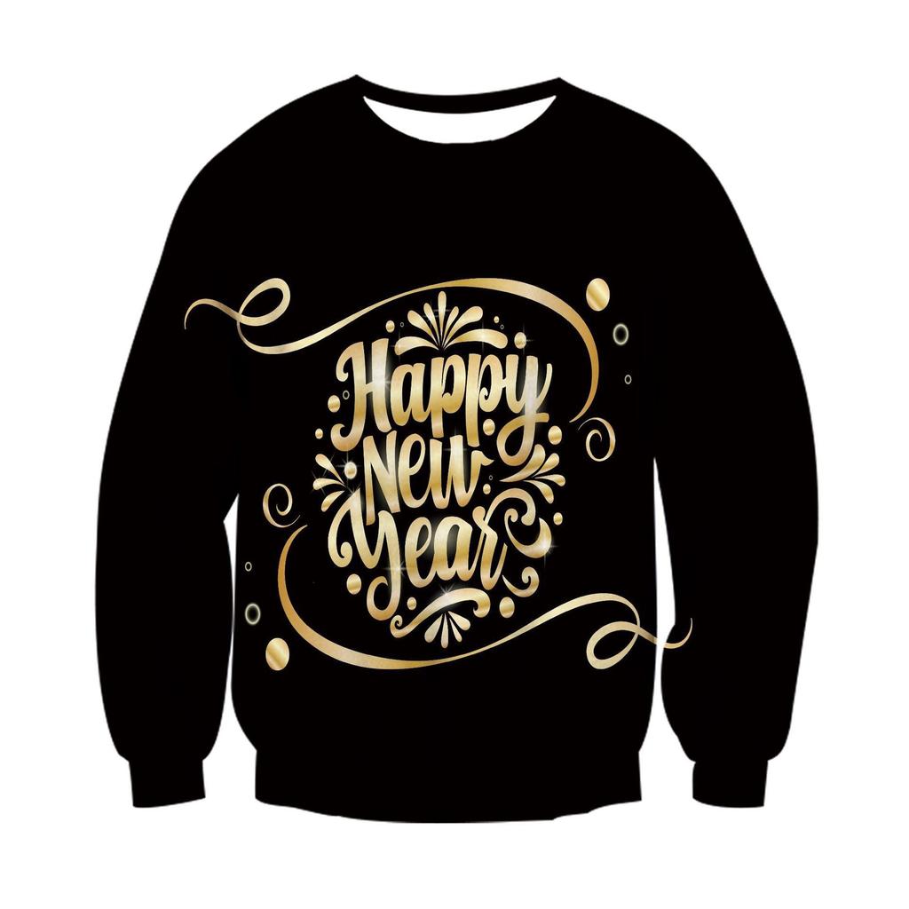 Happy New Year for Autumn and Winter Ladies 3D Printed Crew Neck Comfortable Trend Breathable Hoodies & Sweatshirts (women’s)