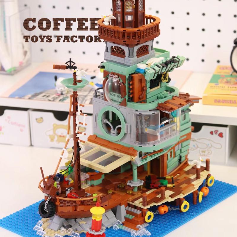 Fischerdorf Blockhaus Micro Bricks Modell Fischerladen Steine MOC Sets Stadtansicht Kai Gebäude Spielzeug Erwachsene Kinder Geschenke