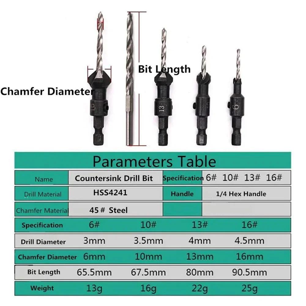 4Pcs Hex Handle Countersink Drill Bit Set Woodworking Chamfering Tool for Screw Head Opening