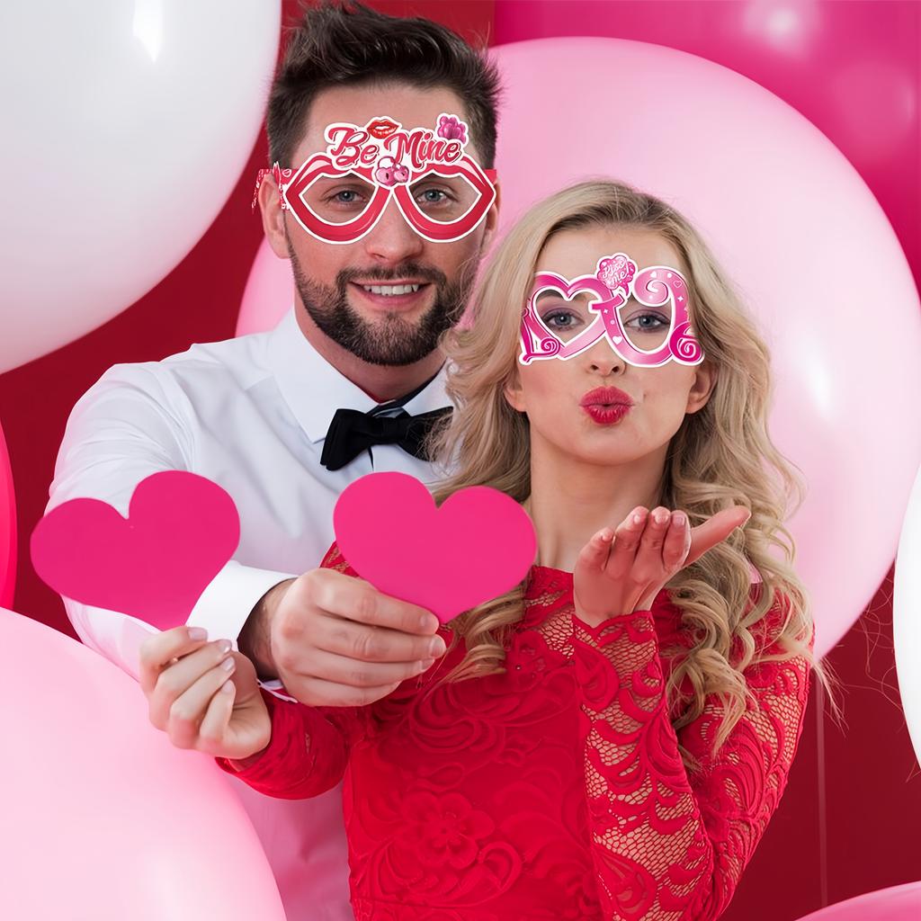 8pcs Valentine's Day Party Glasses - Charming Pink & Red Themed Photo Props with Heart, Flower, & Kiss Designs,for Celebrations
