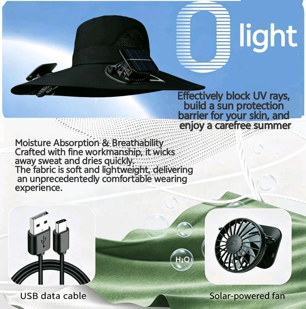 Solar Powered Foldable Camping Hiking Climbing Adjustable Breathable Waterproof Polyester Outdoor Sun Hat Light Portable Fishing