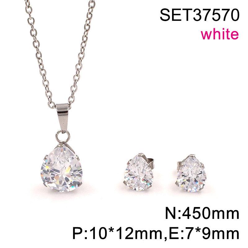 European & American Style Stainless Steel & Cubic Zirconia Water Drop Necklace & Earrings Set for Women.