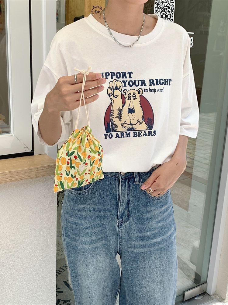 Adorable Tulip Drawstring Storage Bag Trendy Canvas Makeup Organizer Small Tote