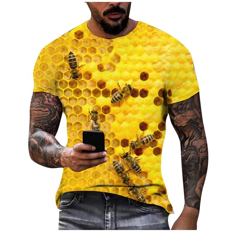 Summer Round Neck Honey Bee 3D Print Top Fashionable Casual Short Sleeved Men's T-shirts