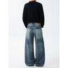 Blaexit American-Style Cleanfit Washed Whiskered A-Line Dark Blue Jeans Unisex Loose Straight Wide-Leg Pants
